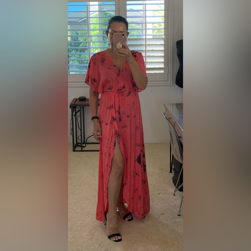 Society Amuse Tie Dye Maxi Dress Coral Orangey and black
